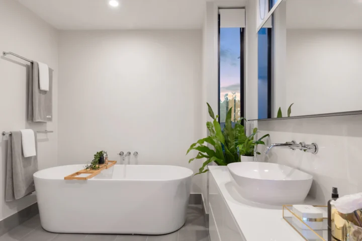 Baignoire blanche dans une salle de bain rénovée, avec une plante verte