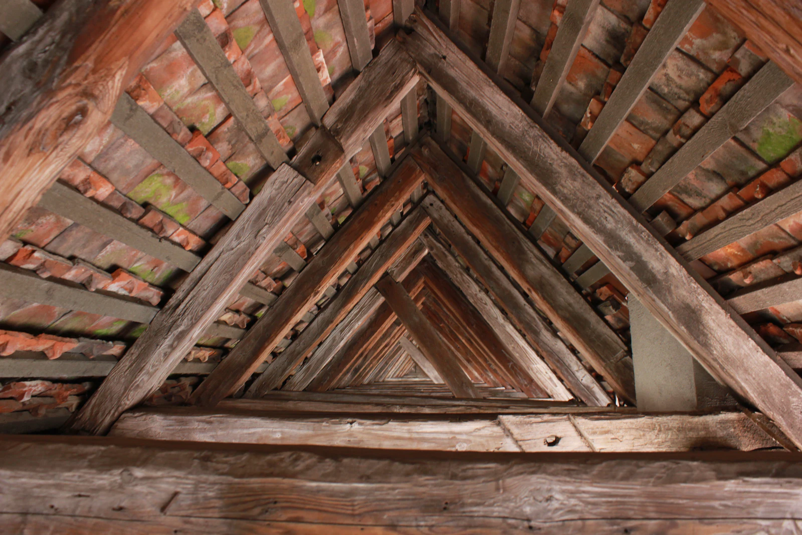 Poutres de charpente en bois formant des triangles sous un toit